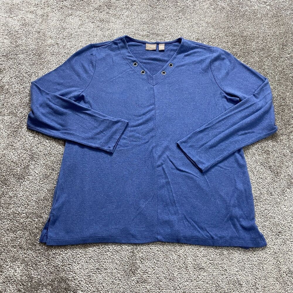 Chico's Shirt Womens Chico 2 US Size Large 12 Blue Long Sleeve V neck Rayon top